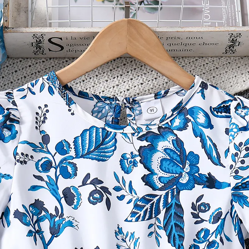 Kids Dress For Girls Blue Flower Long Dress And Detachable Belt Elegant Style Stylish Summer Vacation Daily Children Clothes