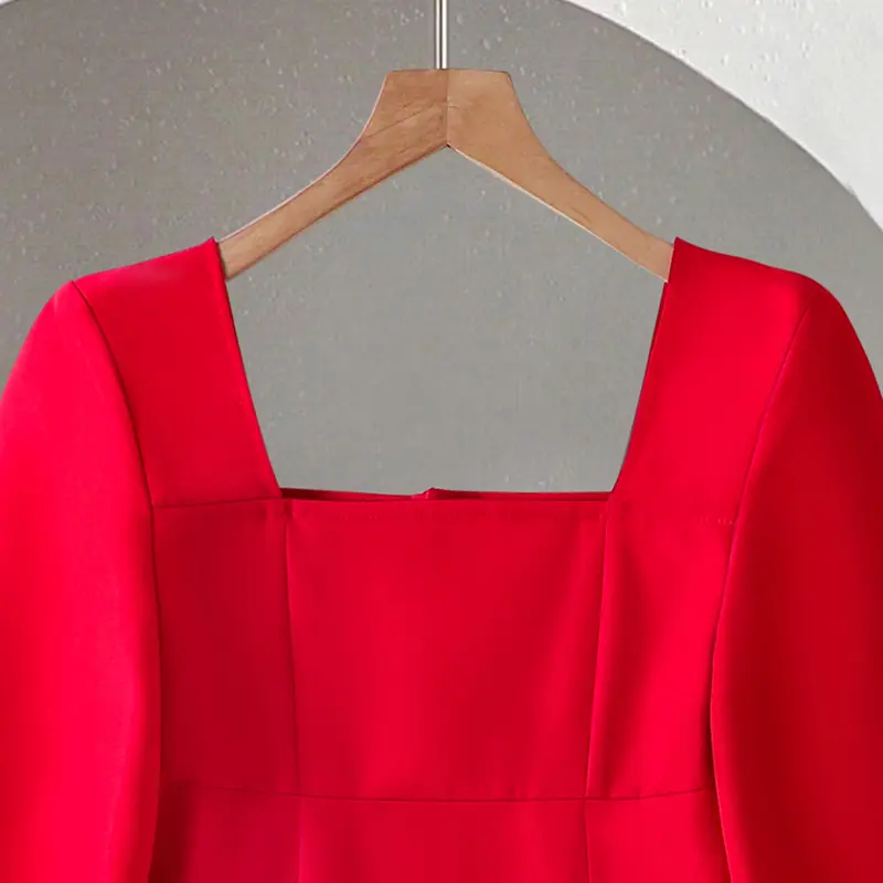 Spring And Autumn New Solid Color Red Square Collar Long Sleeve A-Line Princess Dress For Girls 8-12 Years Birthday Party Set