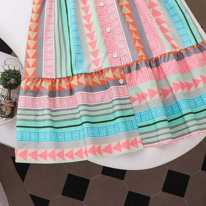 Summer New Colorful Turn-Down Collar Single Breasted Short Sleeve Shirt A-Line Dress For Girls 8-12 Years Daliy Casual Clothing