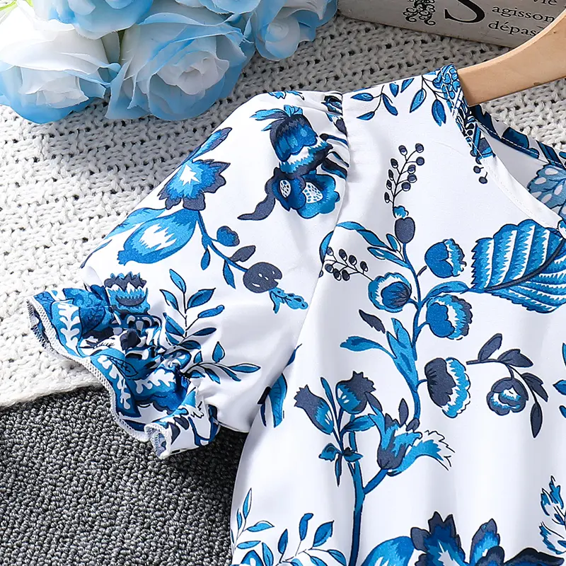 Kids Dress For Girls Blue Flower Long Dress And Detachable Belt Elegant Style Stylish Summer Vacation Daily Children Clothes