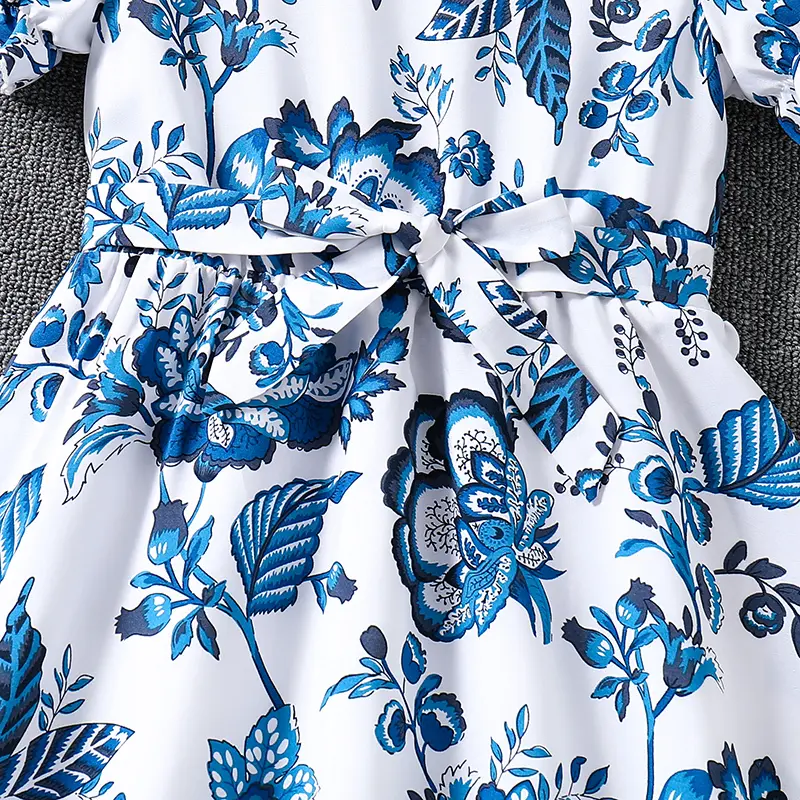 Kids Dress For Girls Blue Flower Long Dress And Detachable Belt Elegant Style Stylish Summer Vacation Daily Children Clothes