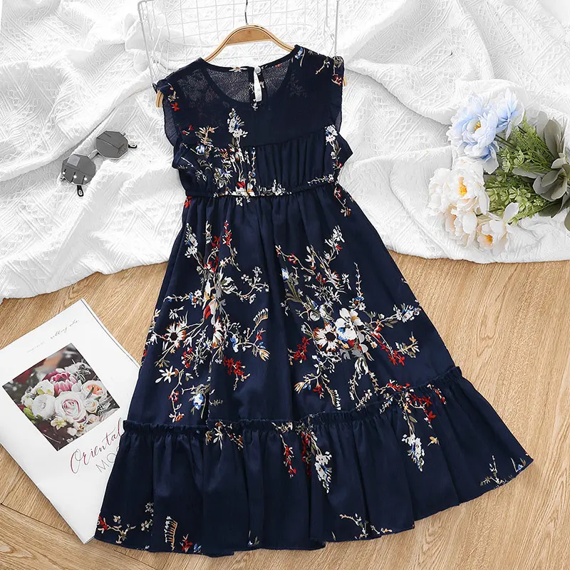 Girls children's clothing summer crewneck camisole peplum stitching dress cute flower print princess skirt skirt