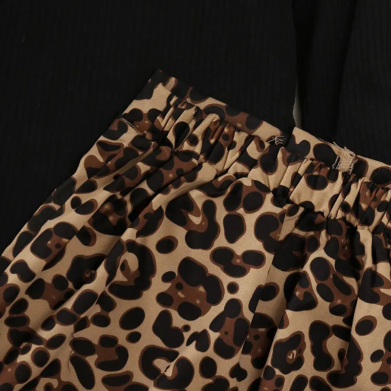 2025 New Girls Outfit 2-6 Years Girls' Black Knitted Long Sleeve Top + Leopard Zipper Skirt Korean Style Casual Vacation Suits