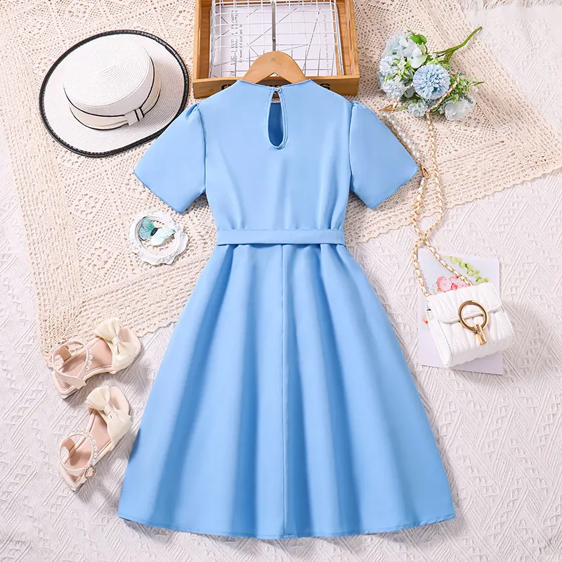 New Designed Classic Blue Short-Sleeved Dress&Belt Cute Elegant Stylish Princess Girl Dress Vacation Party Daily Casual Style