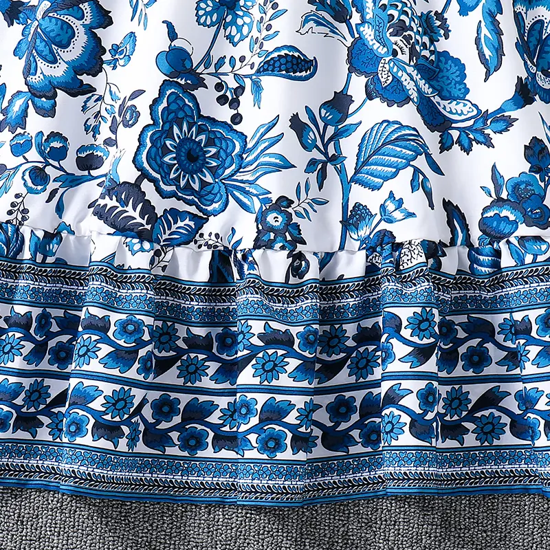 Kids Dress For Girls Blue Flower Long Dress And Detachable Belt Elegant Style Stylish Summer Vacation Daily Children Clothes