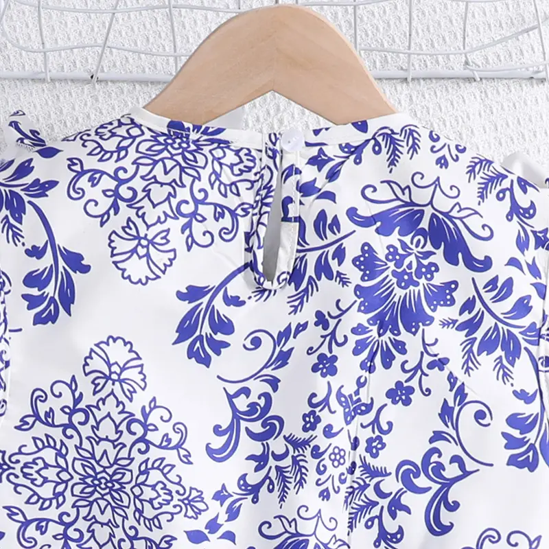 Summer Girls Designed Classic Vintage Blue Retro Printed Dress Princess Girl Dress Elegant Daily Casual Cute Floral Print Dress