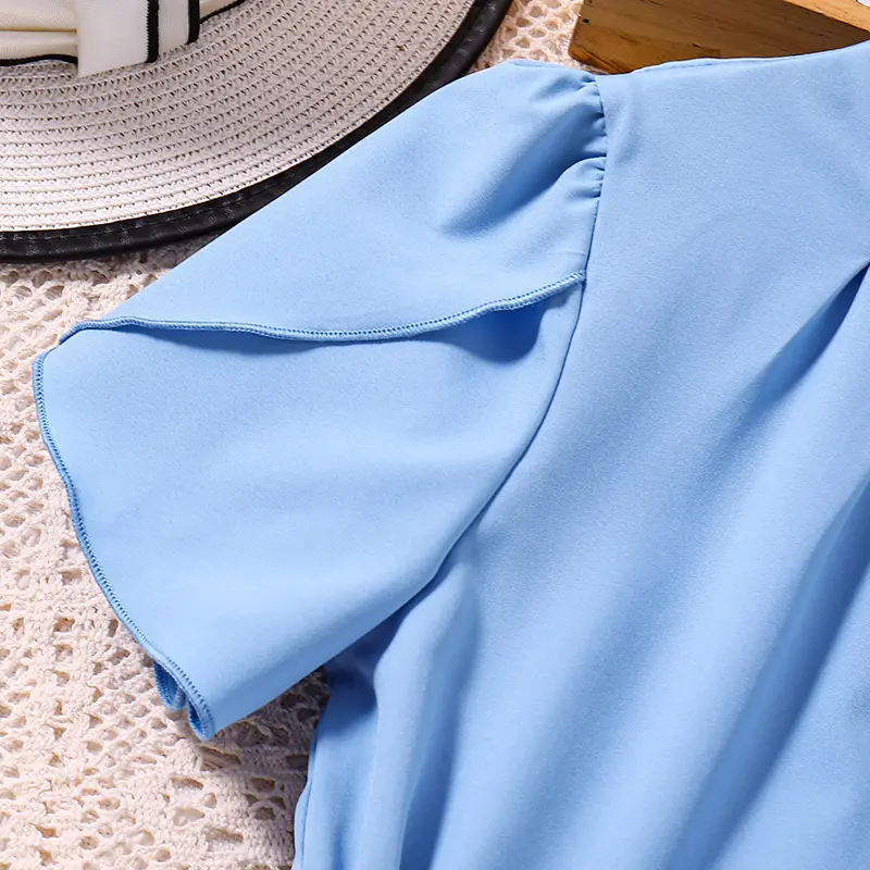 New Designed Classic Blue Short-Sleeved Dress&Belt Cute Elegant Stylish Princess Girl Dress Vacation Party Daily Casual Style