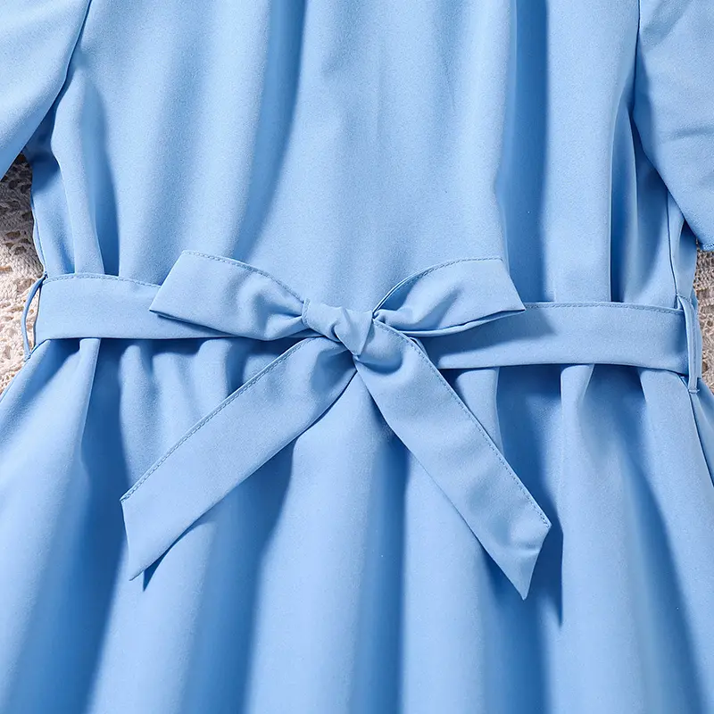 New Designed Classic Blue Short-Sleeved Dress&Belt Cute Elegant Stylish Princess Girl Dress Vacation Party Daily Casual Style
