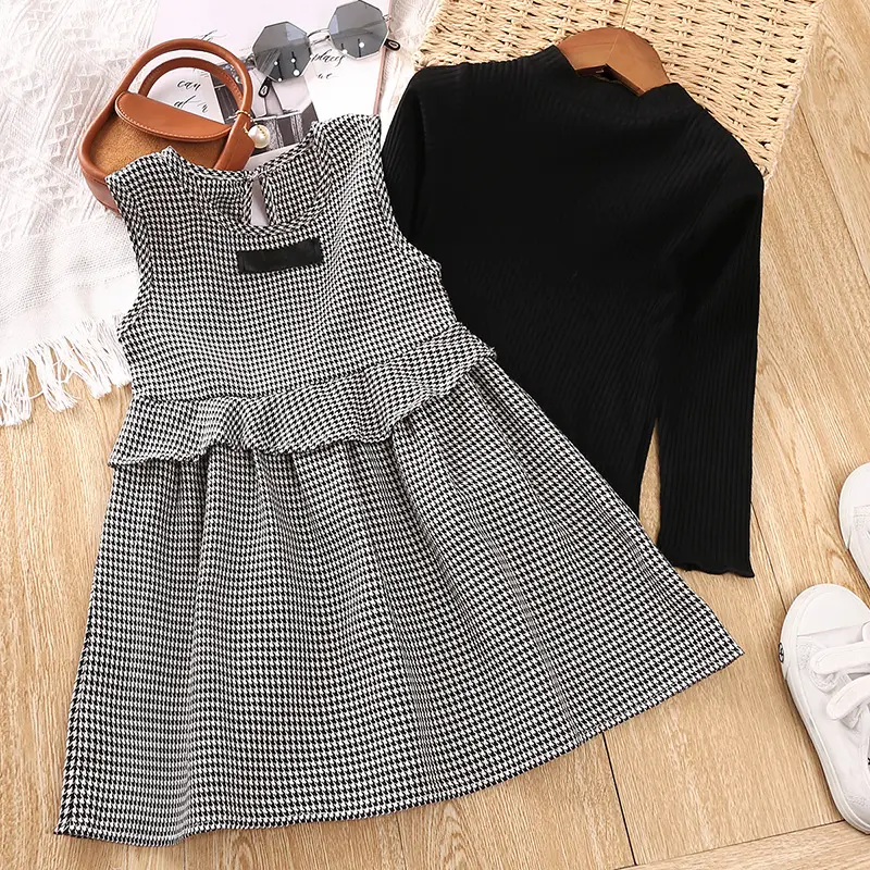 Autumn New Dress Set For Girls 2-6 Years Girls' Black Long-Sleeved Knitted Top + Plaid Sleeveless Dress Princess Dress Set