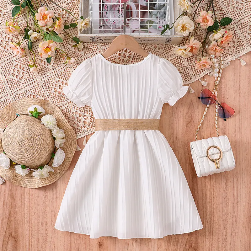 2024 New Fashion Summer White Short-Sleeved Skirt&Woven Belt For 4-12Ys Girls Elegant Dress Vacation Party Daily Casual Clothing