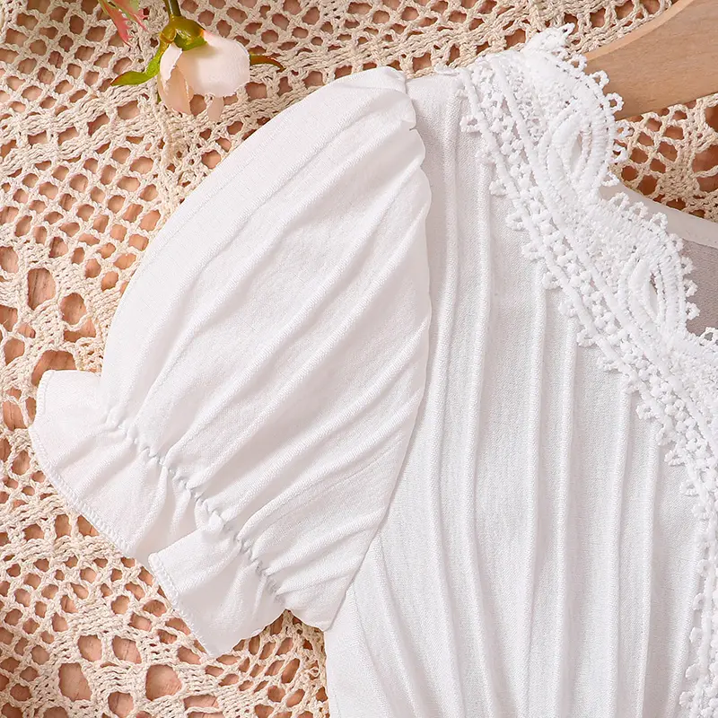 2024 New Fashion Summer White Short-Sleeved Skirt&Woven Belt For 4-12Ys Girls Elegant Dress Vacation Party Daily Casual Clothing