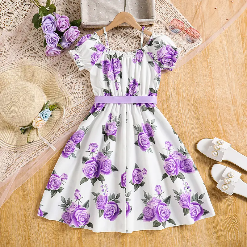Summer Dress For 8-12 Years Girls Purple Halter Flower Detachable Belt  Fashion Trend Dress Birthday Party Holiday Clothes