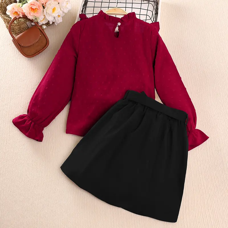 Girl's Spring And Autumn Suit Solid Color Long Sleeve Lace Hollowed Out Pleated Top And Belt Button Decorated Short Skirt Casual