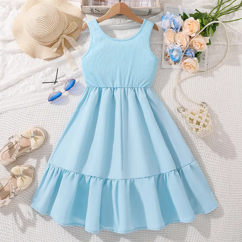 Baby Blue Sporty Sling Dress Simple Style Knitted Sleeveless Preteen Girls Dress Summer Sweet Style Casual Clothes Children Gown