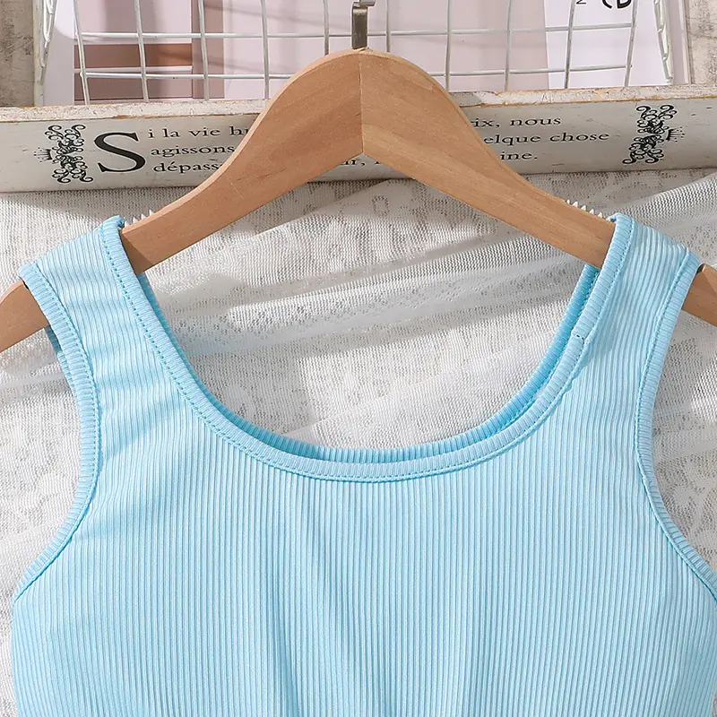 Baby Blue Sporty Sling Dress Simple Style Knitted Sleeveless Preteen Girls Dress Summer Sweet Style Casual Clothes Children Gown