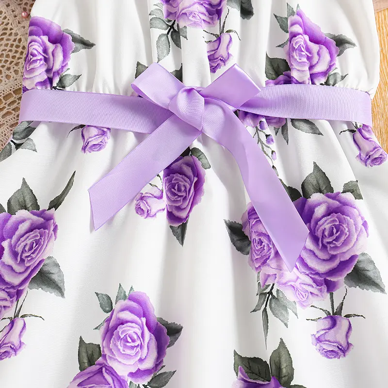 Summer Dress For 8-12 Years Girls Purple Halter Flower Detachable Belt  Fashion Trend Dress Birthday Party Holiday Clothes