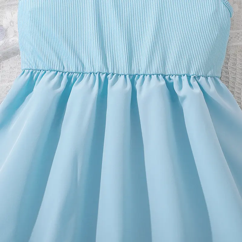 Baby Blue Sporty Sling Dress Simple Style Knitted Sleeveless Preteen Girls Dress Summer Sweet Style Casual Clothes Children Gown