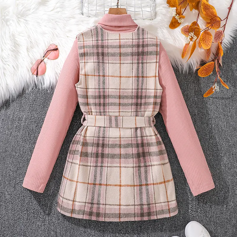 Kids Girls Classic Outfits Plaid Sleeveless Waistcoat And Pink Knit Base 2Pcs Clothes Sets For Spring Autumn Cute Lovely Style