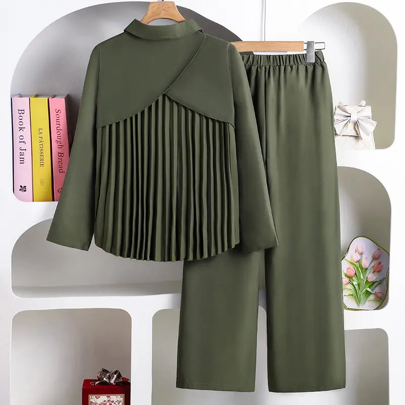 2025 Fashion Autumn 2PCS Solid Color Army Green Turn Down Collar Single Breasted Long Sleeve Top & Waist Pants For Girls Daily
