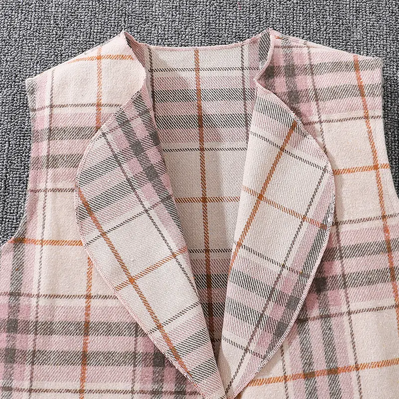 Kids Girls Classic Outfits Plaid Sleeveless Waistcoat And Pink Knit Base 2Pcs Clothes Sets For Spring Autumn Cute Lovely Style