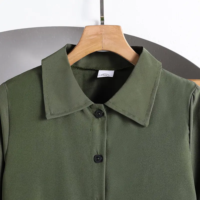 2025 Fashion Autumn 2PCS Solid Color Army Green Turn Down Collar Single Breasted Long Sleeve Top & Waist Pants For Girls Daily