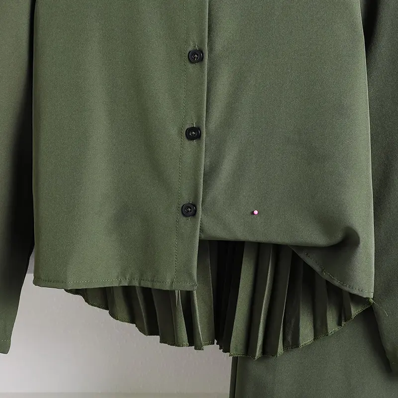 2025 Fashion Autumn 2PCS Solid Color Army Green Turn Down Collar Single Breasted Long Sleeve Top & Waist Pants For Girls Daily
