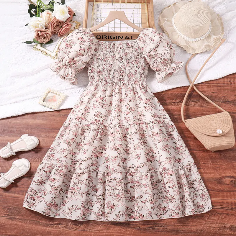 Kids Dress For 4-7 Years Girls Square Collar Puffed Sleeves Floral Comfortable Loose Dress Elegant Sweet Style Princess Dress