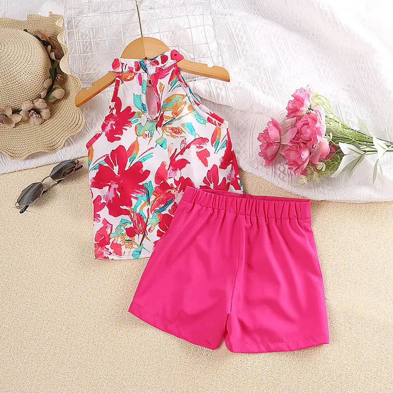 New Girls Summer Suit Hanging Neck Sleeveless Printed Top And Solid Color Button Decorated Shorts Polyester Cool And Cute Casual