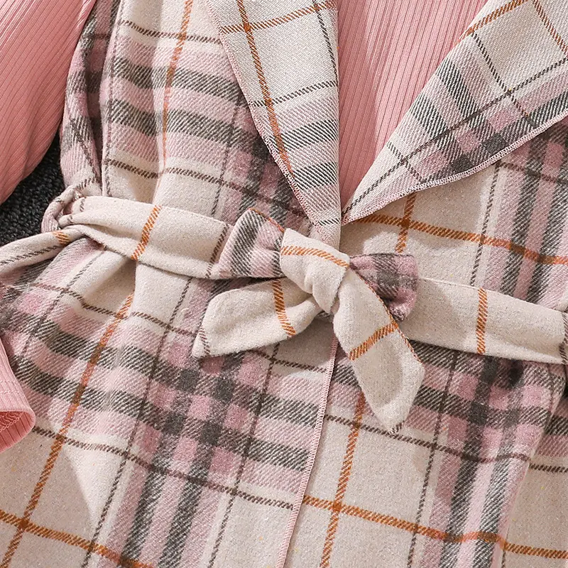 Kids Girls Classic Outfits Plaid Sleeveless Waistcoat And Pink Knit Base 2Pcs Clothes Sets For Spring Autumn Cute Lovely Style