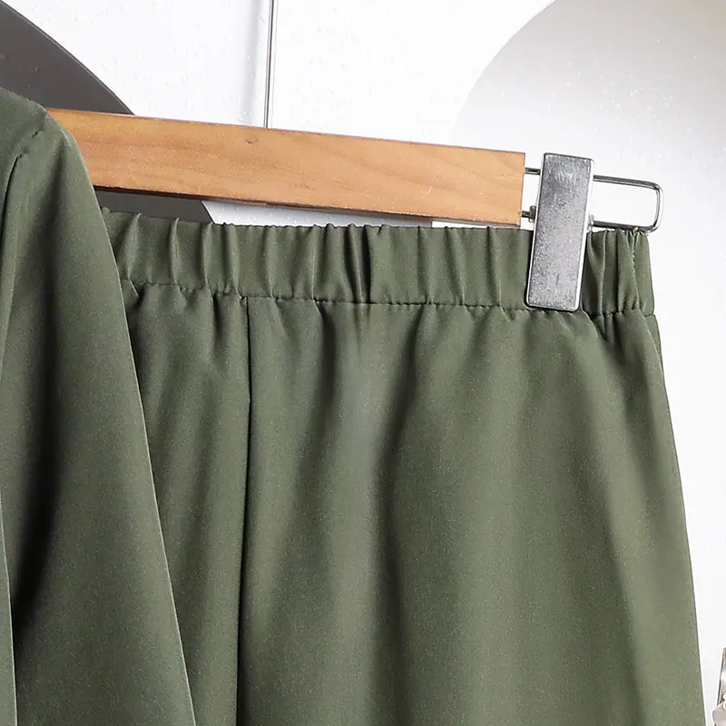2025 Fashion Autumn 2PCS Solid Color Army Green Turn Down Collar Single Breasted Long Sleeve Top & Waist Pants For Girls Daily