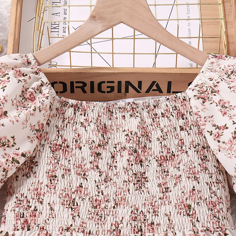 Kids Dress For 4-7 Years Girls Square Collar Puffed Sleeves Floral Comfortable Loose Dress Elegant Sweet Style Princess Dress