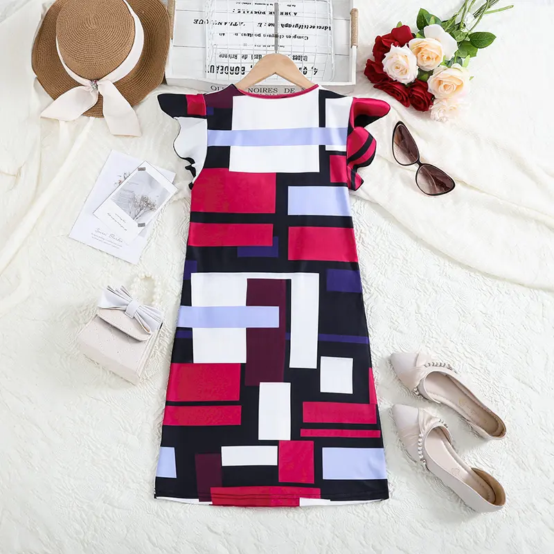 Girl Dress Summer New Retro Designed Classic Color Matching Dress Daily Casual Vacation Holiday Fashion For 8-12 Years Kids Set
