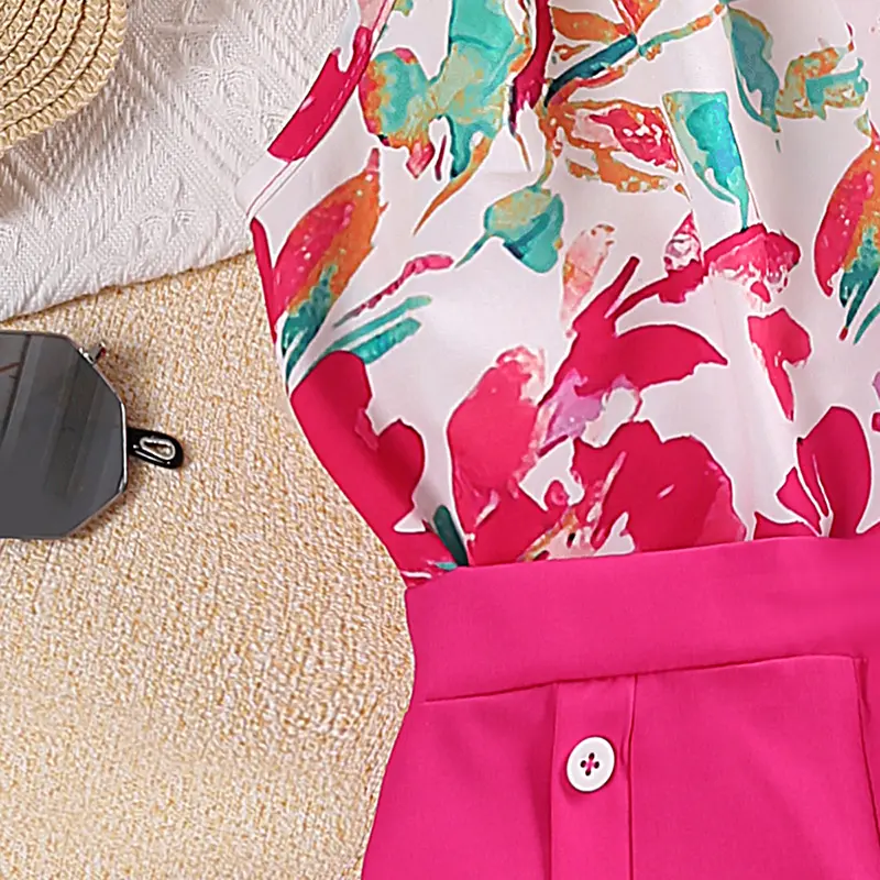 New Girls Summer Suit Hanging Neck Sleeveless Printed Top And Solid Color Button Decorated Shorts Polyester Cool And Cute Casual