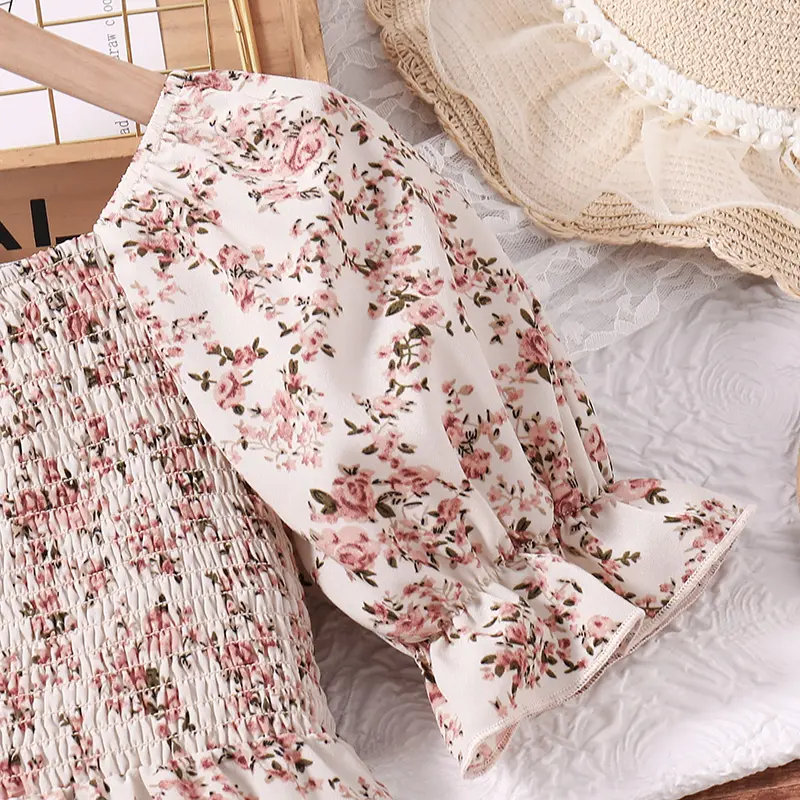 Kids Dress For 4-7 Years Girls Square Collar Puffed Sleeves Floral Comfortable Loose Dress Elegant Sweet Style Princess Dress