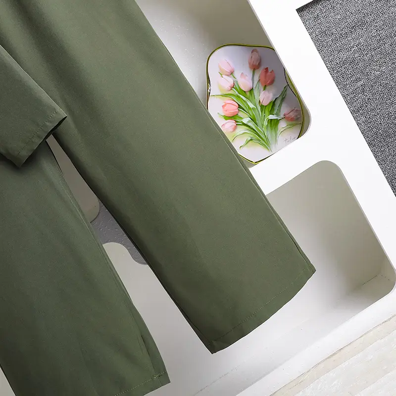 2025 Fashion Autumn 2PCS Solid Color Army Green Turn Down Collar Single Breasted Long Sleeve Top & Waist Pants For Girls Daily