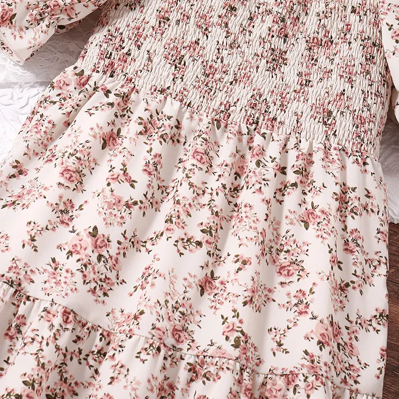Kids Dress For 4-7 Years Girls Square Collar Puffed Sleeves Floral Comfortable Loose Dress Elegant Sweet Style Princess Dress