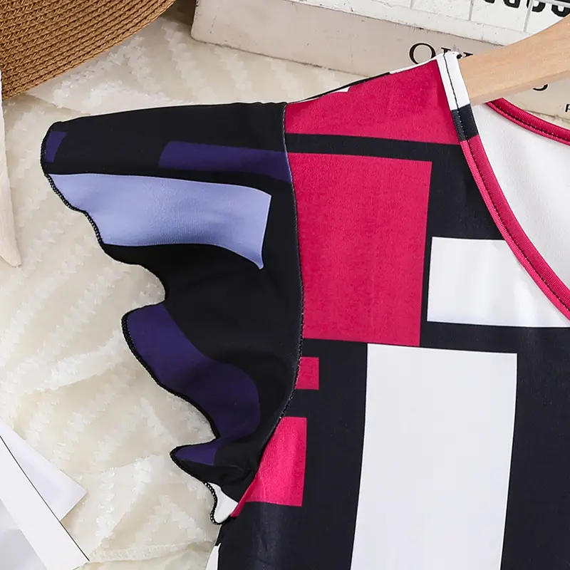 Girl Dress Summer New Retro Designed Classic Color Matching Dress Daily Casual Vacation Holiday Fashion For 8-12 Years Kids Set
