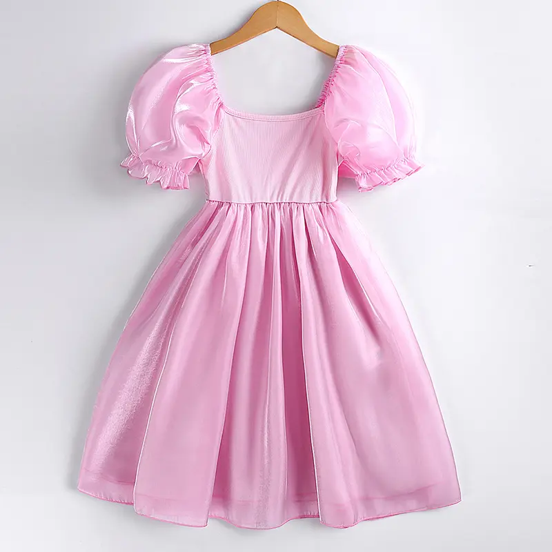 Kids Dress For Girls 8-12Years Pink Bubble Sleeve Square Neck Dress Princess Dress Princess Style Wedding Dress Party Dress