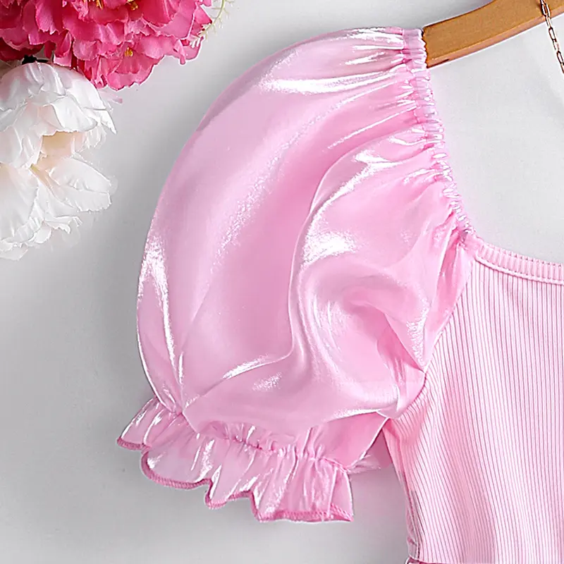 Kids Dress For Girls 8-12Years Pink Bubble Sleeve Square Neck Dress Princess Dress Princess Style Wedding Dress Party Dress