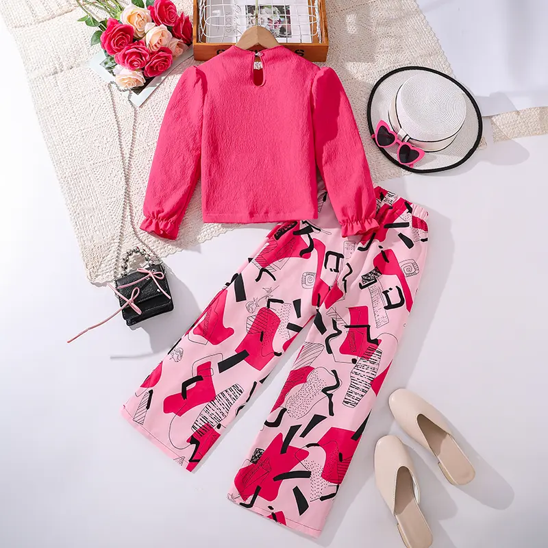 Kids Spring Autumn  Clothing Sets For Girls Solid Color Long Sleeve Top And Printing Pants Design Fashion Causal Style Outfits