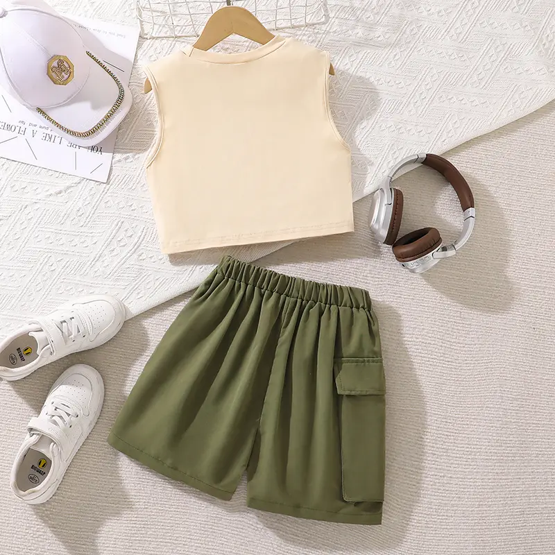 Kids Clothing Outfit For Girls O-Neck Sleeveless Letter Army Green Elastic Waist Pocket Shorts Casual Set Summer Simple Style
