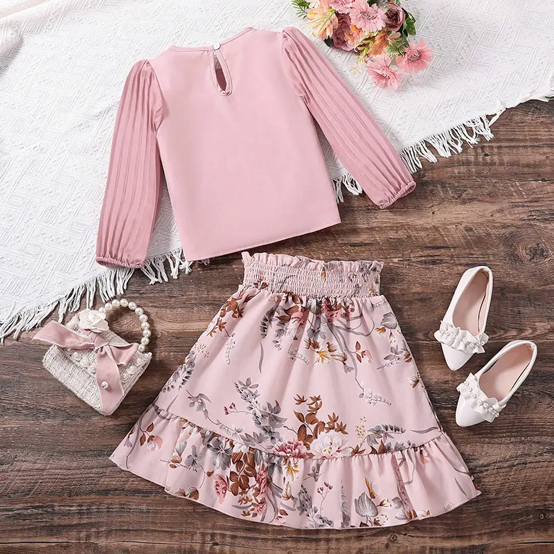 Girls Outfit 4-7 Years Little Girl Pink Long Sleeve Top + Pink Printed Skirt Korean Style Suits Casual Vacation Suits