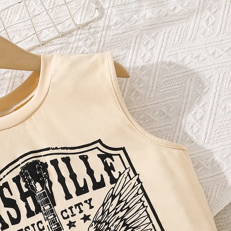 Kids Clothing Outfit For Girls O-Neck Sleeveless Letter Army Green Elastic Waist Pocket Shorts Casual Set Summer Simple Style