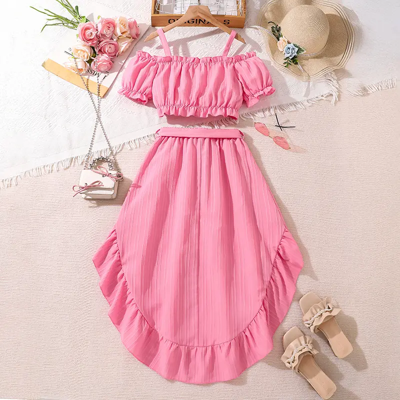Girls Clothing Sets Pink Off-Shoulder Short Top & Irregular-hem Skirt 2 Pcs Family Gathering Birthday Party Dating Clothes