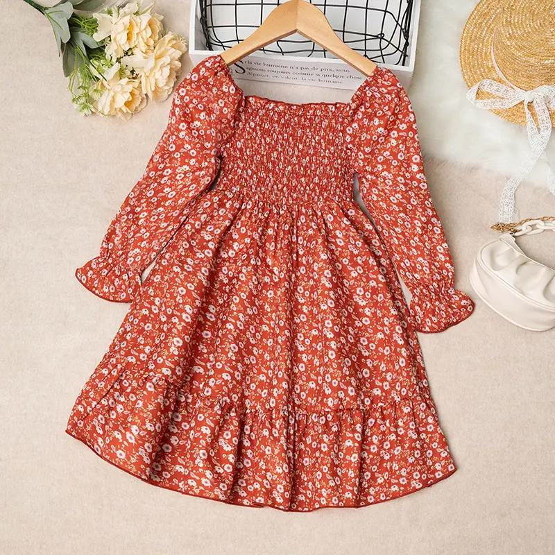 Dress Kids Girls 4-7 Years Red Floral Long-Sleeved Dress For Little Girls Korean Style Casual Vacation Pastoral Style Dress