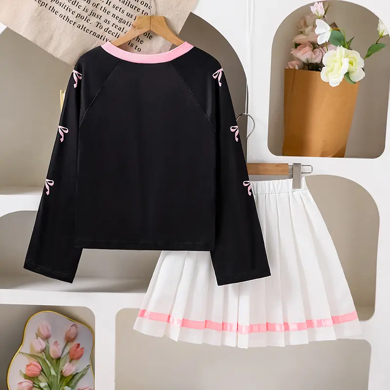 2025 Autumn New 2PCS Kids Suit Black V-Neck Long Sleeve Top & White Pleated Skirt For Girls 8-12 Years Sport Style Daily Outfit