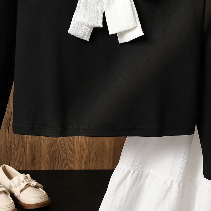 8-12 year old girls spring-fall two-piece black Peter Pan collar letter-print top 3D white bow-embellished elastic waist white c