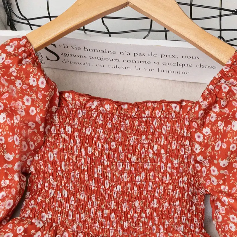 Dress Kids Girls 4-7 Years Red Floral Long-Sleeved Dress For Little Girls Korean Style Casual Vacation Pastoral Style Dress