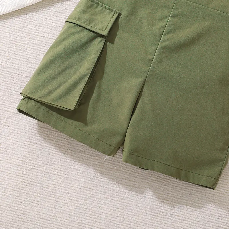 Kids Clothing Outfit For Girls O-Neck Sleeveless Letter Army Green Elastic Waist Pocket Shorts Casual Set Summer Simple Style