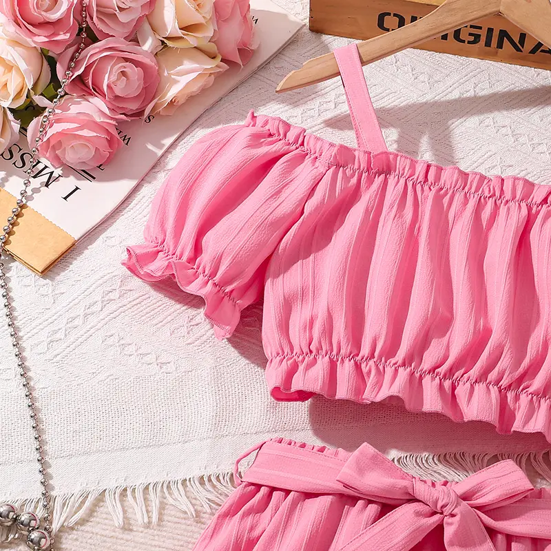 Girls Clothing Sets Pink Off-Shoulder Short Top & Irregular-hem Skirt 2 Pcs Family Gathering Birthday Party Dating Clothes